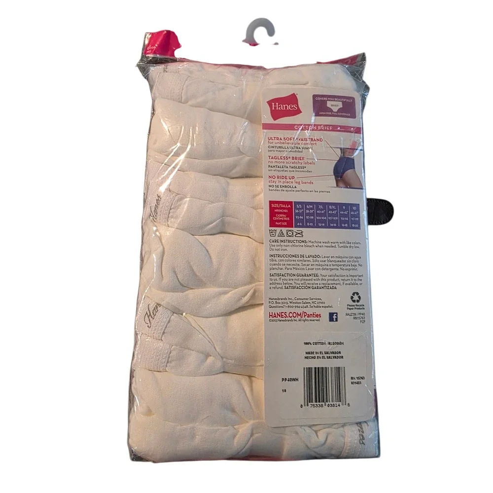 Hanes Womens 6 Pack White Cotton Briefs Size 10 Ultra Plush Waistband PP40WH NOS